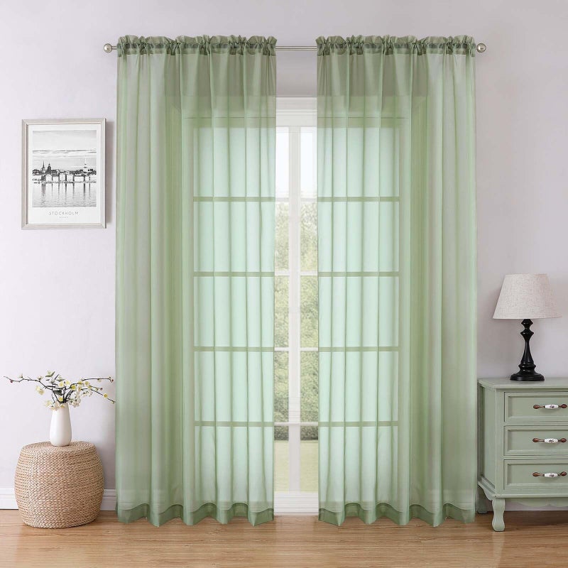 Lecloud Sage Green Sheer Curtains 84 Inches Long 2 Panels Set, Solid Airy Voile Sheer Curtain Drapes, Elegant Light Filtering Window Treatments for Living Room Bedroom, Dual Rod Pocket, 59"" W x 84"" L - Image 1